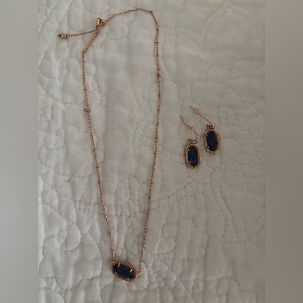 Kendra Scott Rose Gold Necklace + Matching Earrings with Blue Accents - Picture 2 of 5